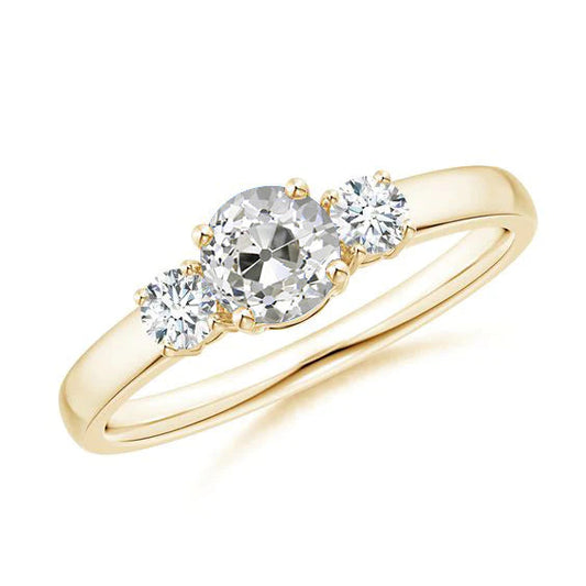 Yellow Gold Real Diamond Ring 3 Stone Round Old Cut Jewelry 2 Carats