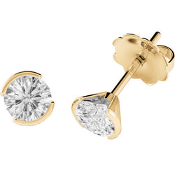 Yellow Gold Real Diamond Stud Earrings 1 Carat Half Bezel Jewelry