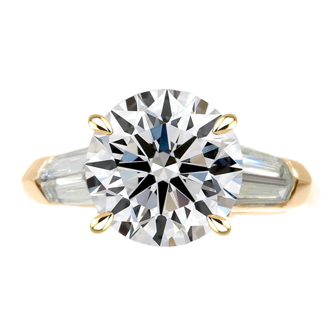 Yellow Gold Round Natural Earth Mined Diamond Ring With Knife Edge Baguettes 3 Carats