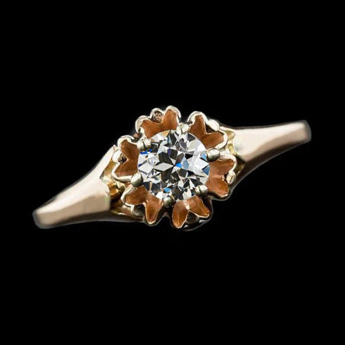 Yellow Gold Solitaire Old Cut Round Real Diamond Ring 1 Carat Jewelry