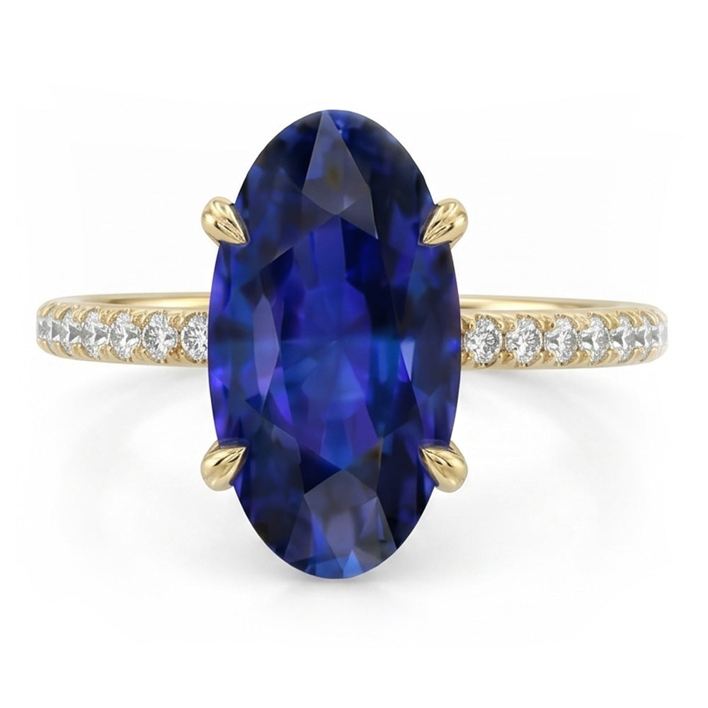 Yellow Gold Solitaire Oval Blue Sapphire Ring With Accents 4 Carats