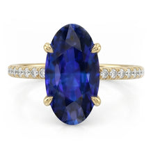 Yellow Gold Solitaire Oval Blue Sapphire Ring With Accents 4 Carats