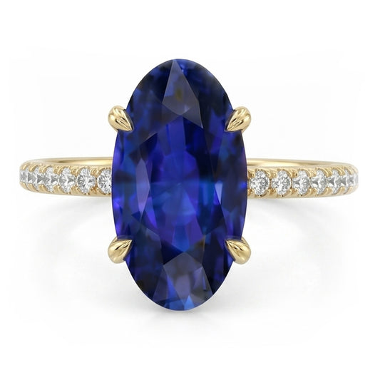 Yellow Gold Solitaire Oval Blue Sapphire Ring With Accents 4 Carats