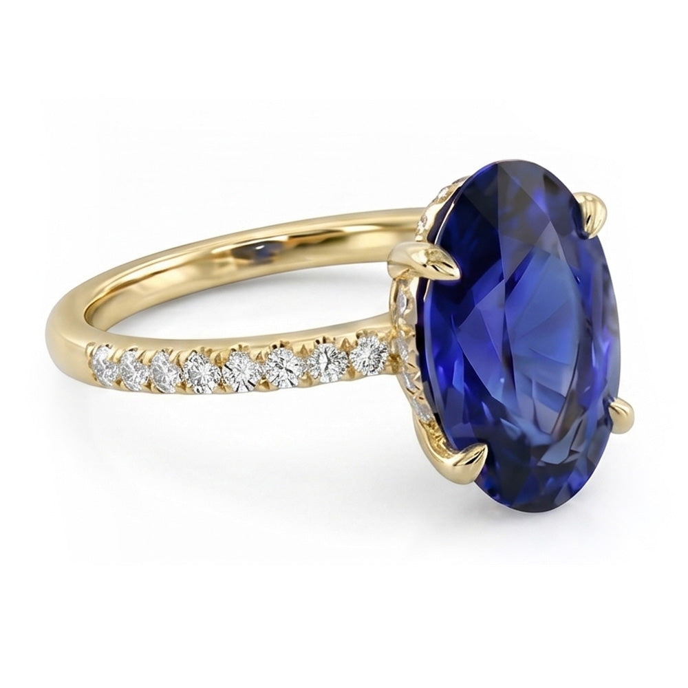 Yellow Gold Solitaire Oval Blue Sapphire Ring With Accents 4 Carats