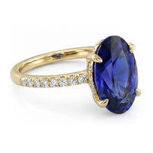 Yellow Gold Solitaire Oval Blue Sapphire Ring With Accents 4 Carats