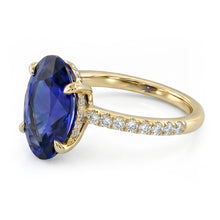 Yellow Gold Solitaire Oval Blue Sapphire Ring With Accents 4 Carats