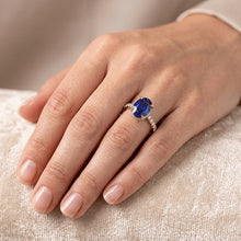 Yellow Gold Solitaire Oval Blue Sapphire Ring With Accents 4 Carats