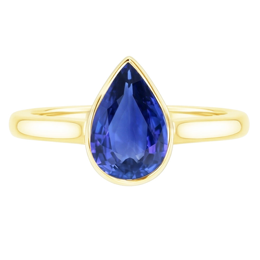 Yellow Gold Solitaire Ring Bezel Set Sri Lankan Sapphire Pear 4 Carats