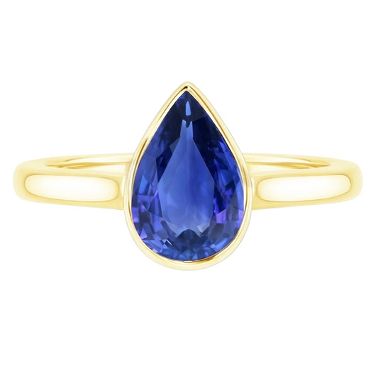 Yellow Gold Solitaire Ring Bezel Set Sri Lankan Sapphire Pear 4 Carats