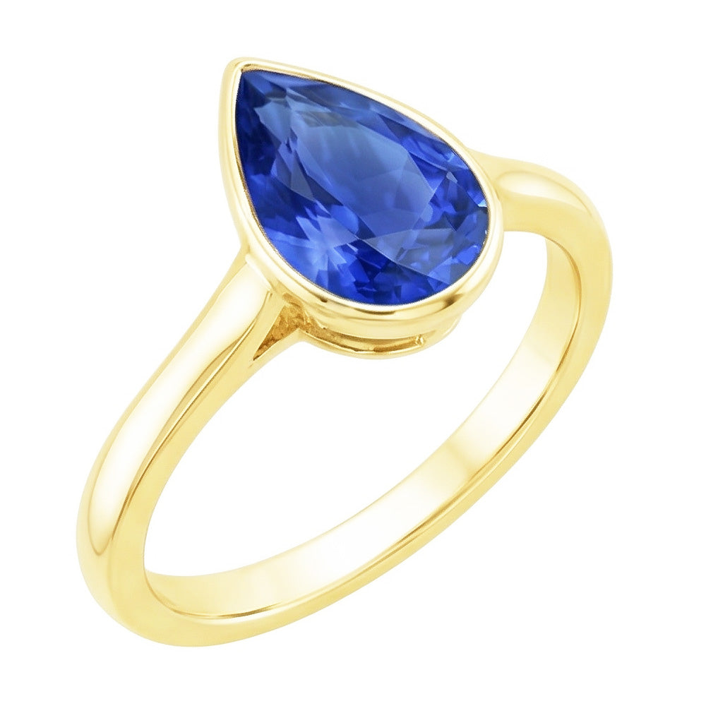 Yellow Gold Solitaire Ring Bezel Set Sri Lankan Sapphire Pear 4 Carats