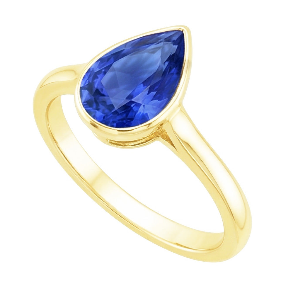 Yellow Gold Solitaire Ring Bezel Set Sri Lankan Sapphire Pear 4 Carats