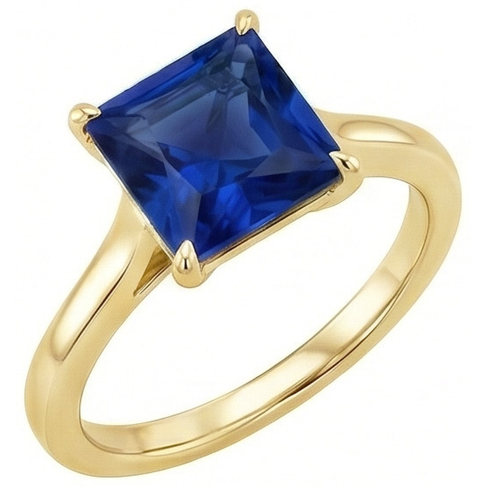 Yellow Gold Solitaire Ring Princess Blue Sapphire Gemstone 5 Carats
