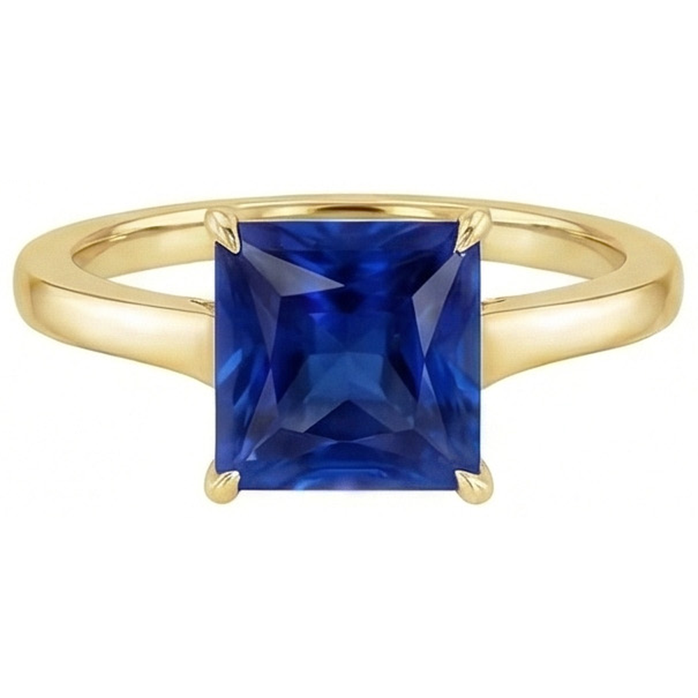 Yellow Gold Solitaire Ring Princess Blue Sapphire Gemstone 5 Carats