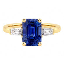 Yellow Gold Three Stone Ring Emerald Blue Sapphire 2.50 Carats