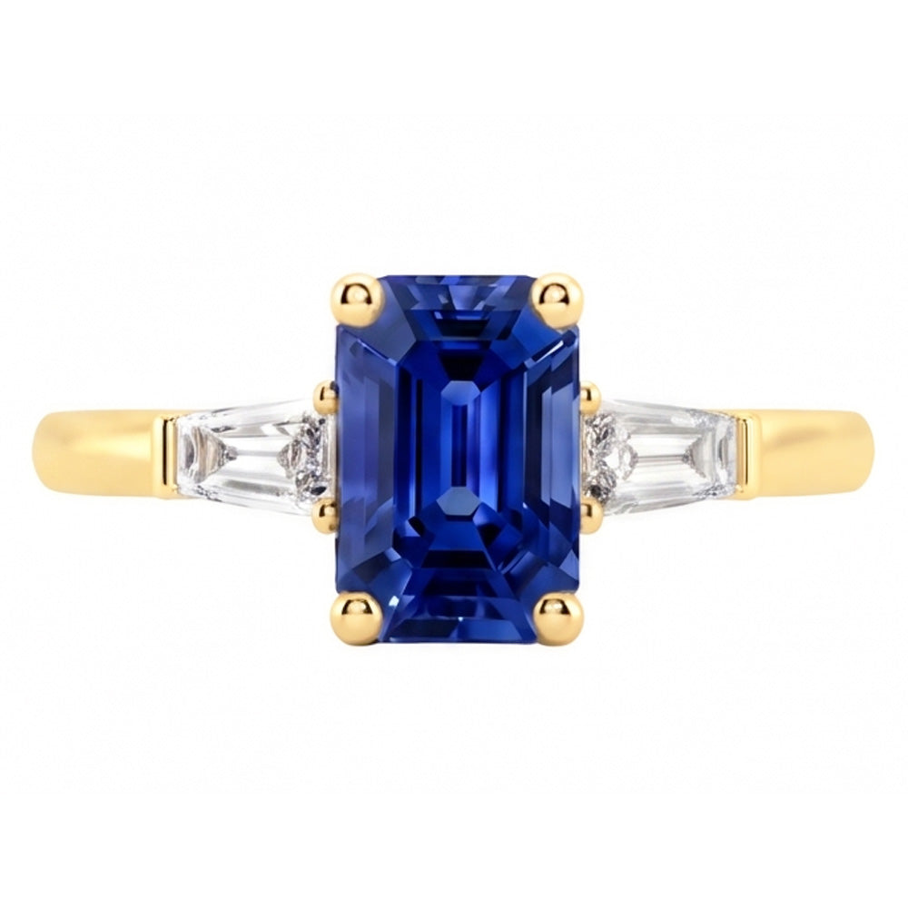 Yellow Gold Three Stone Ring Emerald Blue Sapphire 2.50 Carats