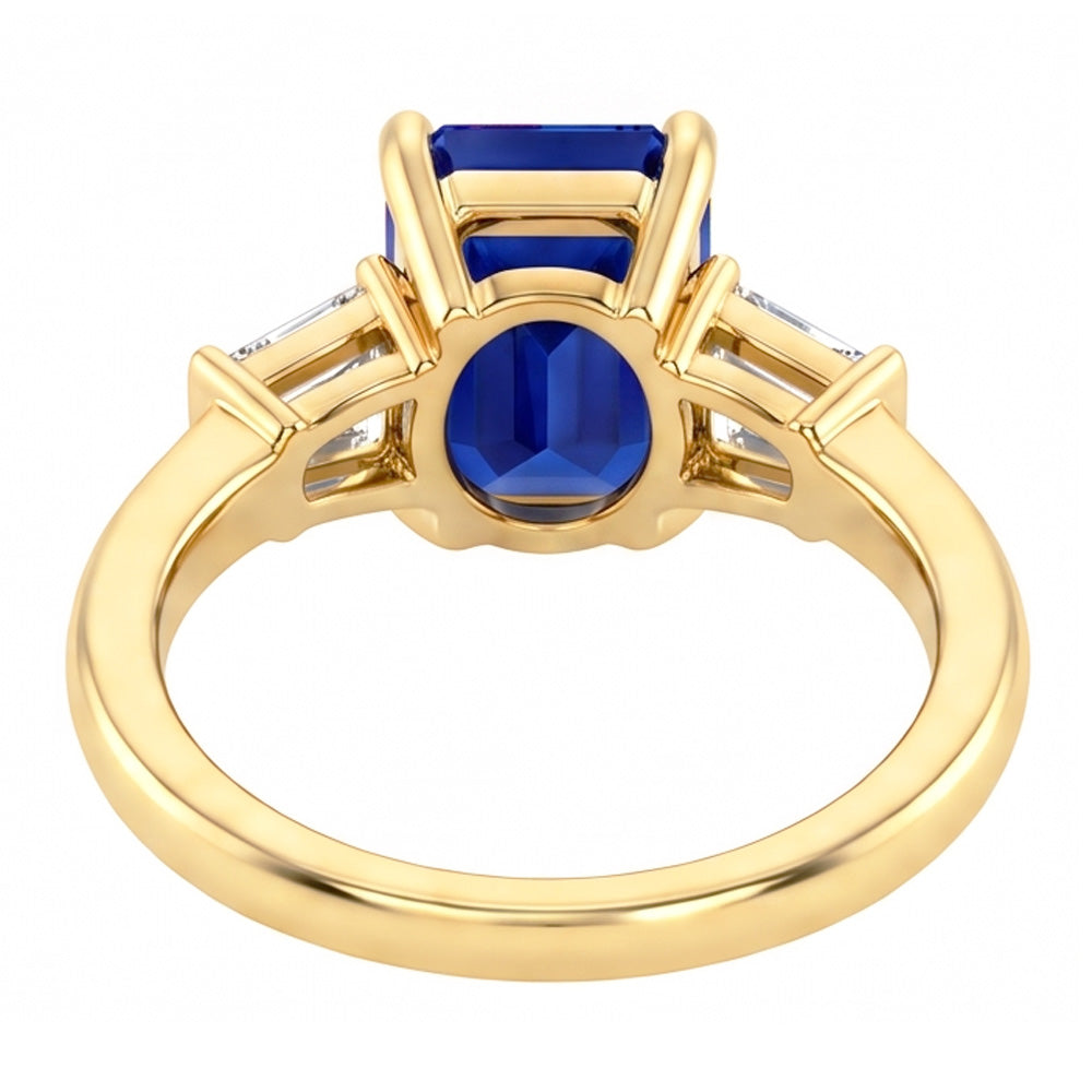 Yellow Gold Three Stone Ring Emerald Blue Sapphire 2.50 Carats