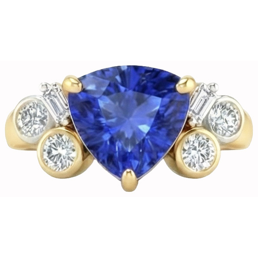 Yellow Gold Trillion Cut Sri Lanka Sapphire Natural Earth Mined DIAMOND ( NOT LAB GROWN )s 6.11 Ct. Ring