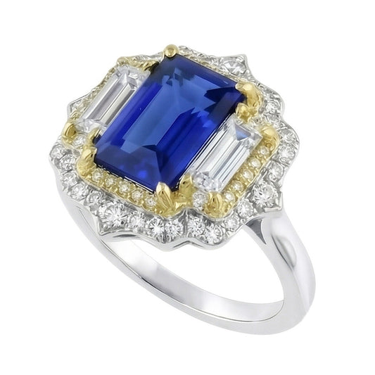 Yellow & White Gold Emerald Cut Blue Sapphire Natural Earth Mined Diamond Ring 6.75 Carats