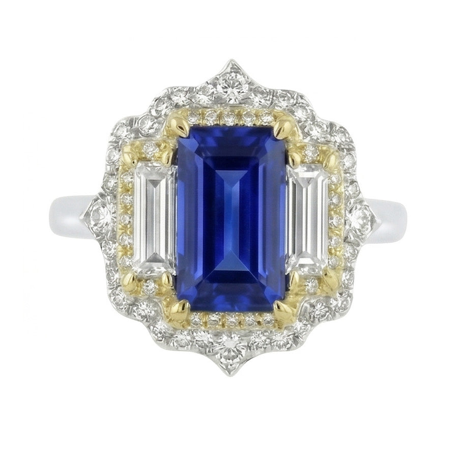 Yellow & White Gold Emerald Cut Blue Sapphire Natural Earth Mined Diamond Ring 6.75 Carats
