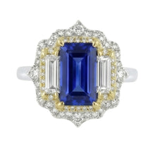 Yellow & White Gold Emerald Cut Blue Sapphire Natural Earth Mined Diamond Ring 6.75 Carats