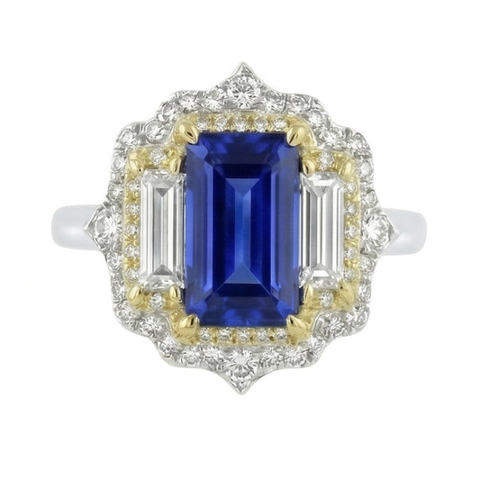 Yellow & White Gold Emerald Cut Blue Sapphire Natural Earth Mined Diamond Ring 6.75 Carats
