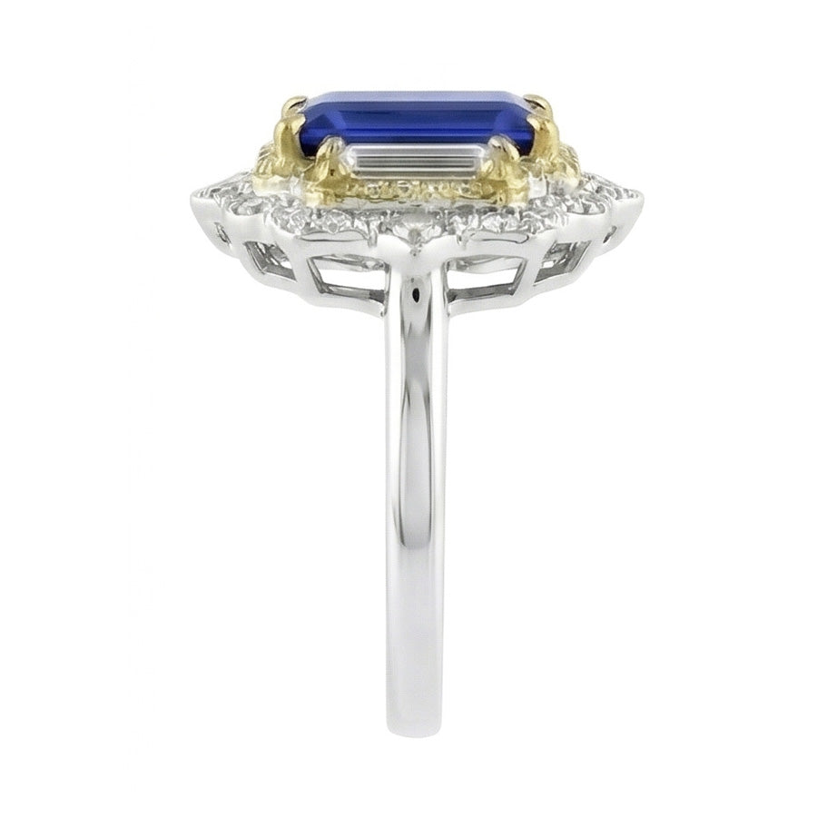 Yellow & White Gold Emerald Cut Blue Sapphire Natural Earth Mined Diamond Ring 6.75 Carats