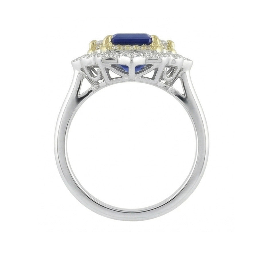 Yellow & White Gold Emerald Cut Blue Sapphire Natural Earth Mined Diamond Ring 6.75 Carats