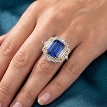 Yellow & White Gold Emerald Cut Blue Sapphire Natural Earth Mined Diamond Ring 6.75 Carats