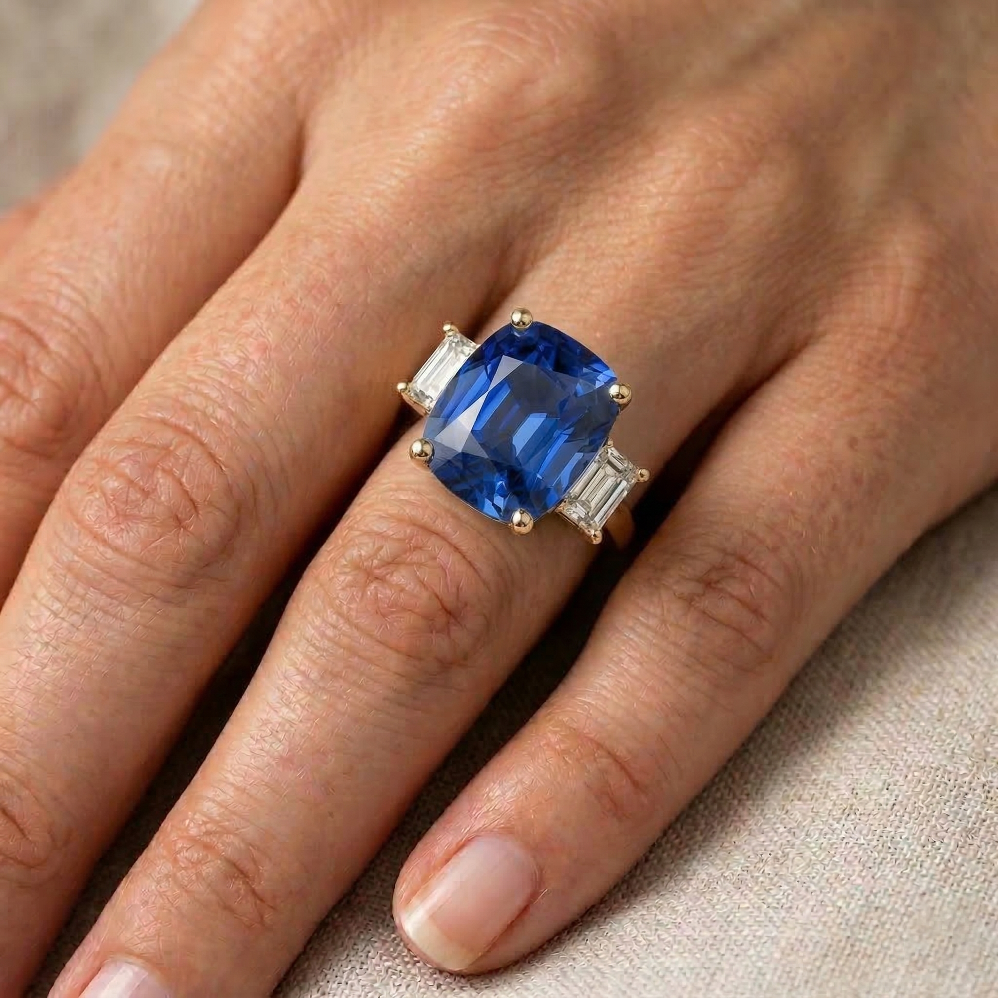 Yellow Gold 3 Stone Ring Cushion Ceylon Sapphire & Natural Earth Mined Diamonds 9 Carats
