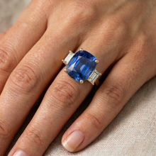 Yellow Gold 3 Stone Ring Cushion Ceylon Sapphire & Natural Earth Mined Diamonds 9 Carats