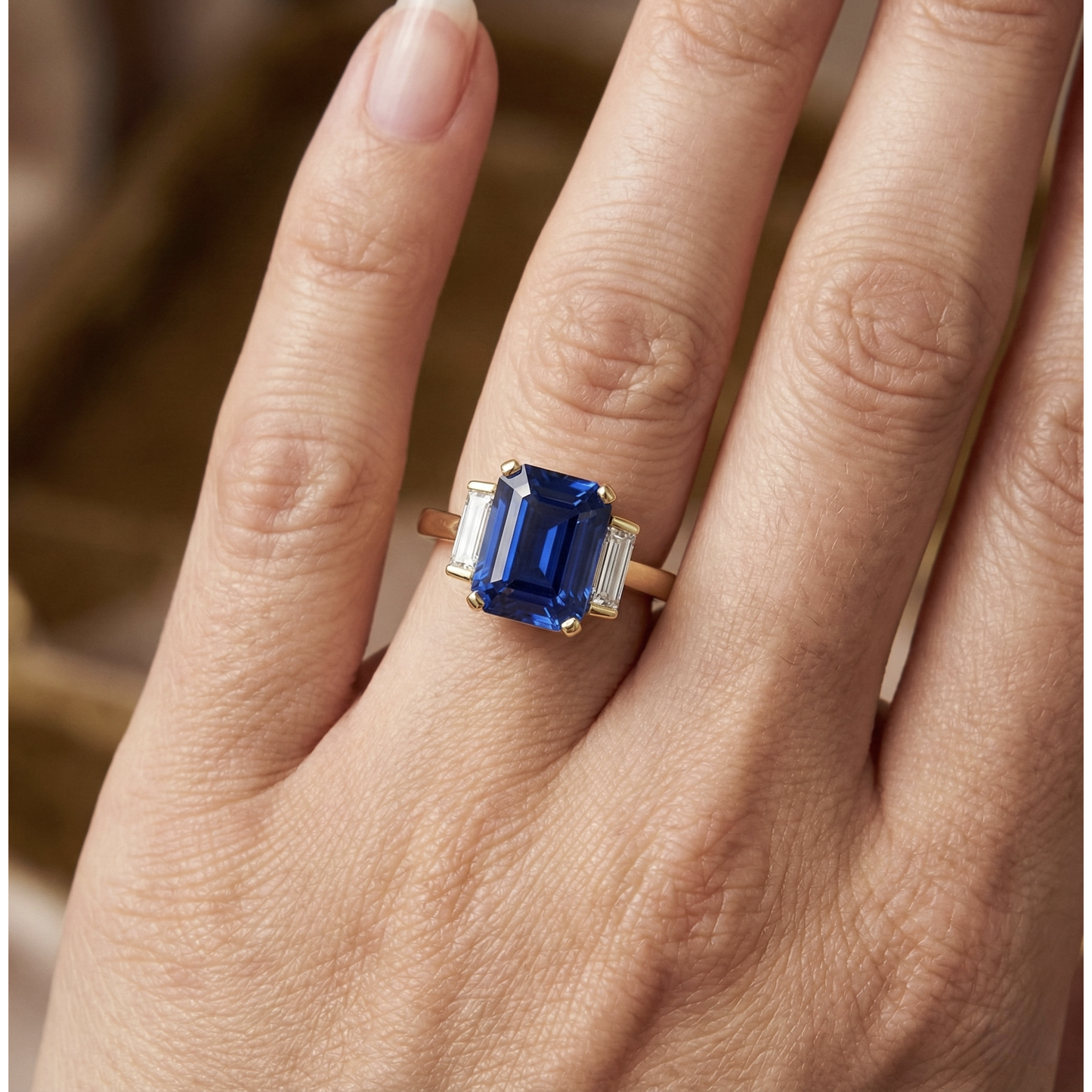 Yellow Gold Emerald Gemstone Ring Baguette Natural Earth Mined Diamonds 5 Carats 3 Stone