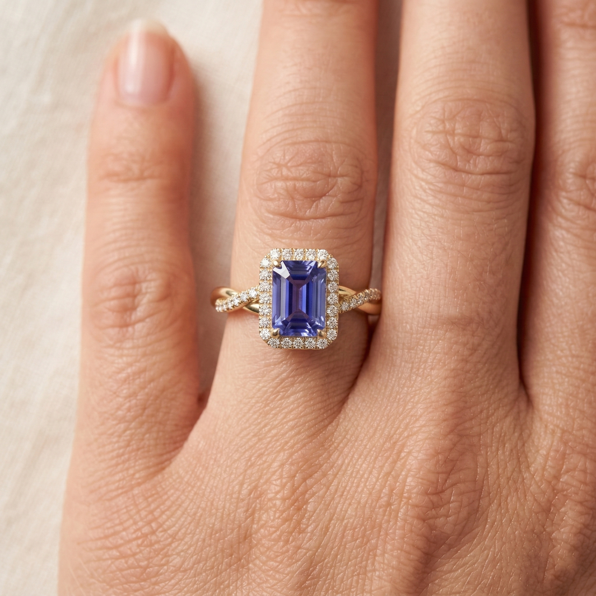 Yellow Gold Halo Ring Emerald Shaped Sri Lankan Sapphire 3 Carats