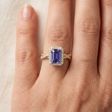 Yellow Gold Halo Ring Emerald Shaped Sri Lankan Sapphire 3 Carats