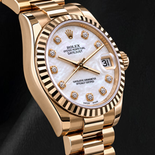 Yellow Gold Presidential Rolex 31 mm 2011 Year White Mother Of Pearl Diamond Dial Watch
