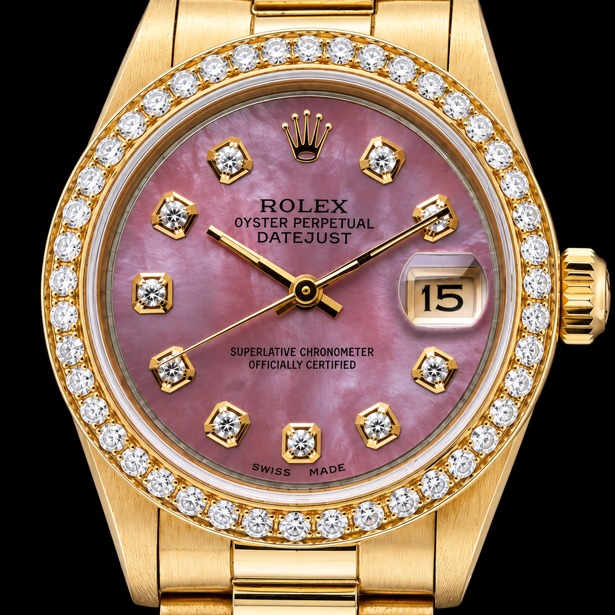 Yellow Gold Presidential Rolex 31 mm Burgundy Mother Of Pearl Diamond Dial Watch