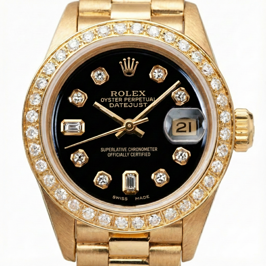 Yg President Style Rolex Date Just Watch Bezel Natural Earth Mined Diamond Dial Black