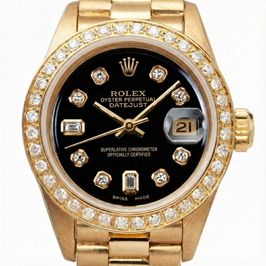 Yg President Style Rolex Date Just Watch Bezel Natural Earth Mined Diamond Dial Black