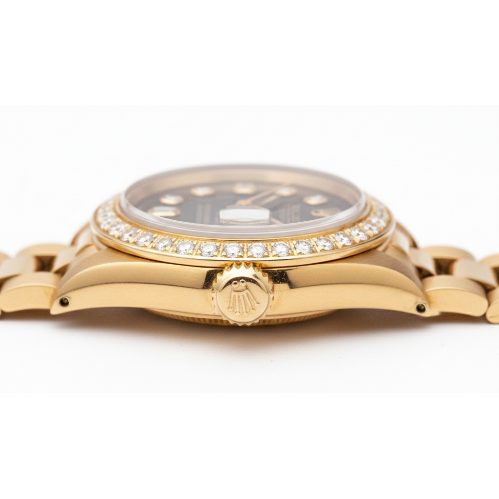 Yg President Style Rolex Date Just Watch Bezel Natural Earth Mined Diamond Dial Black