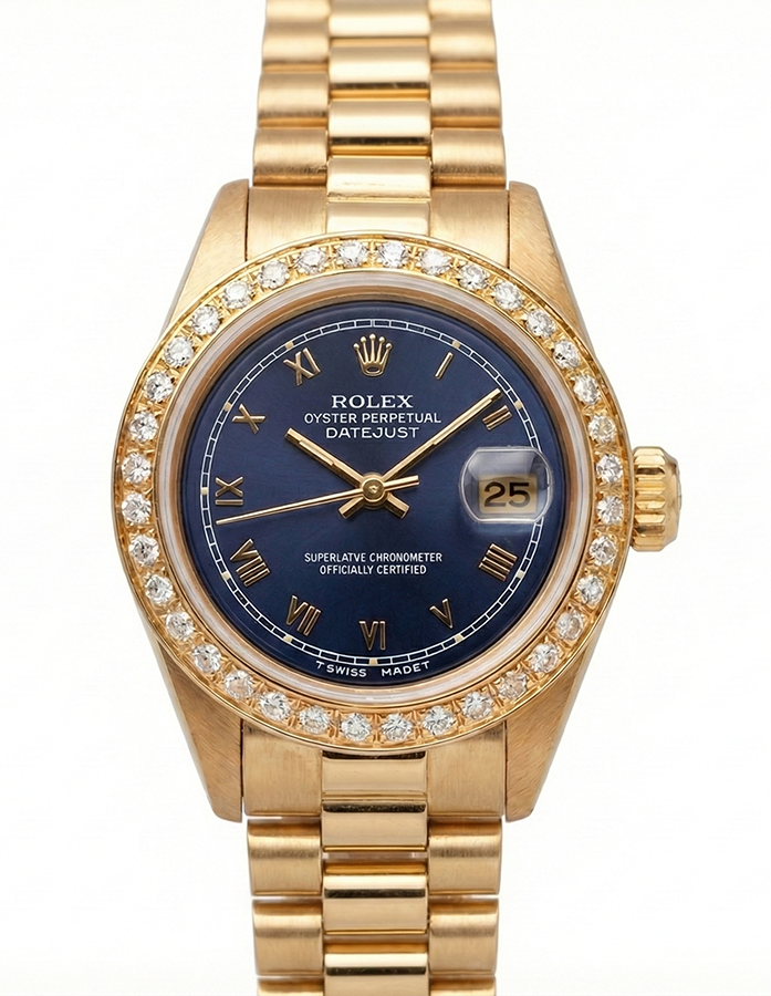 Yg Presidential Style Rolex Women Watch Date Just Blue Roman Dial