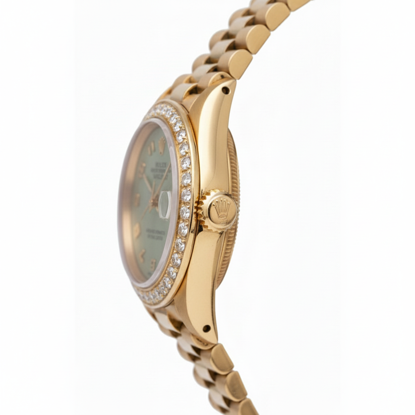 Yg Rolex Datejust President Style Watch Natural Earth Mined Diamond Bezel Arabic Dial