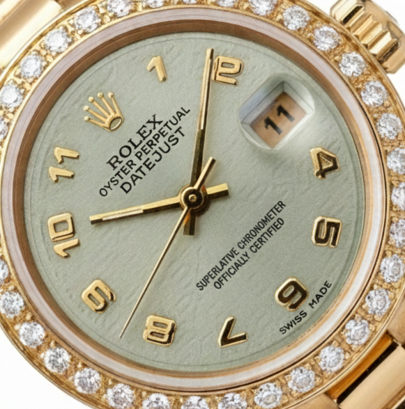 Yg Rolex Datejust President Style Watch Natural Earth Mined Diamond Bezel Arabic Dial