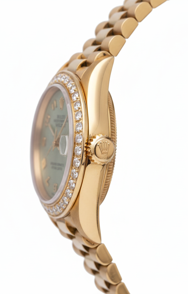 Yg Rolex Datejust President Style Watch Natural Earth Mined Diamond Bezel Arabic Dial