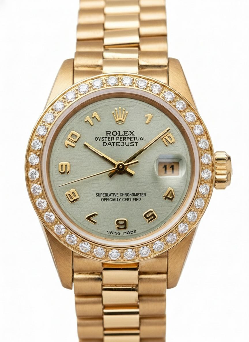 Yg Rolex Datejust President Style Watch Natural Earth Mined Diamond Bezel Arabic Dial