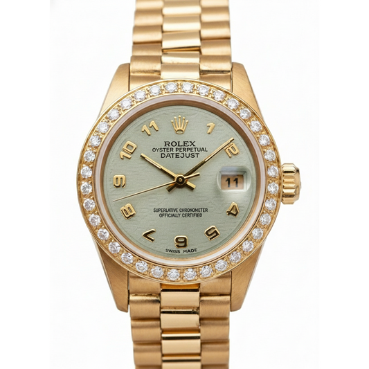 Yg Rolex Datejust President Style Watch Natural Earth Mined Diamond Bezel Arabic Dial