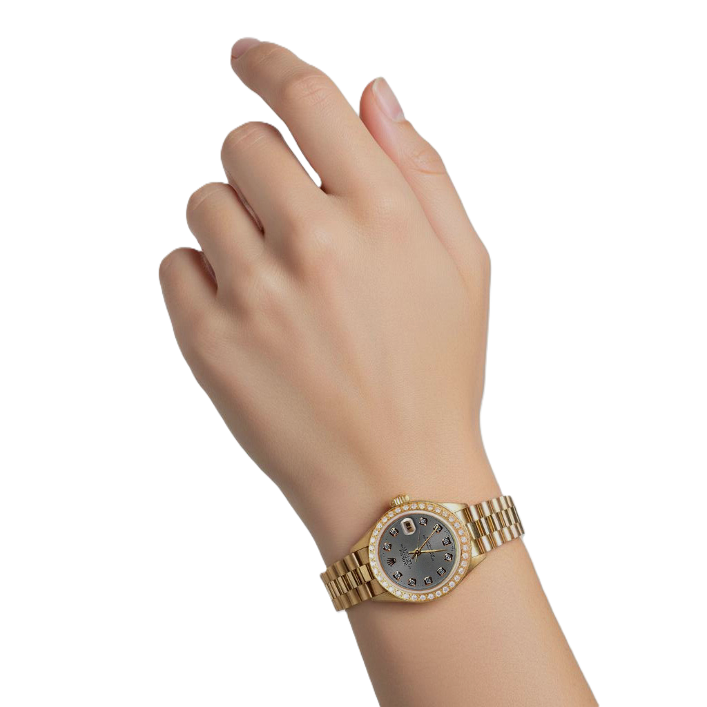 Yg Rolex President Style Watch Gray Natural Earth Mined Diamond Dial Bezel Women P2