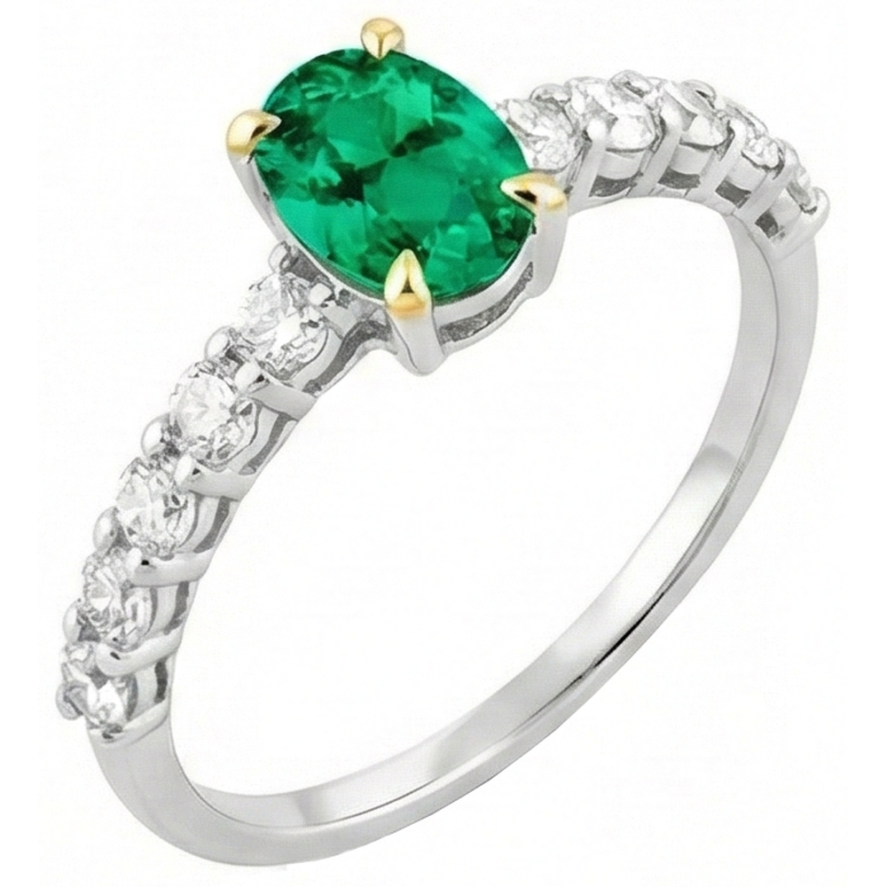 Precious Stone Ring 14K Two Tone Gold with Colombian Emerald – front view