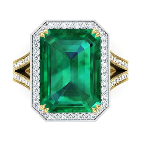Zambian Green Emerald And Diamond Engagement Ring 11.50 Carats Two Tone 14K