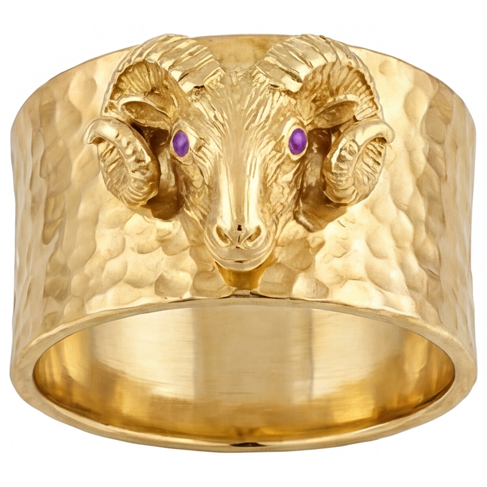 Amethyst Round Brilliant Mens Ring in 14K Yellow Gold – front view