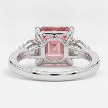 Padparadscha Sapphire Ring 3.6 Carat Genuine Asscher and White Trilliant Three Stone Platinum