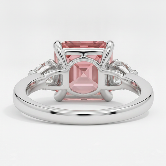 Padparadscha Sapphire Ring 3.6 Carat Genuine Asscher and White Trilliant Three Stone Platinum